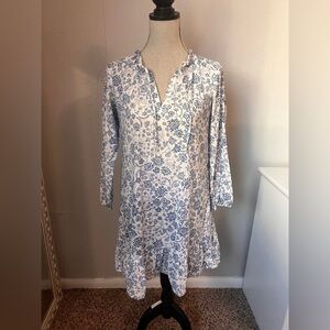 LOFT Long Sleeve Floral Dress in Blue and White